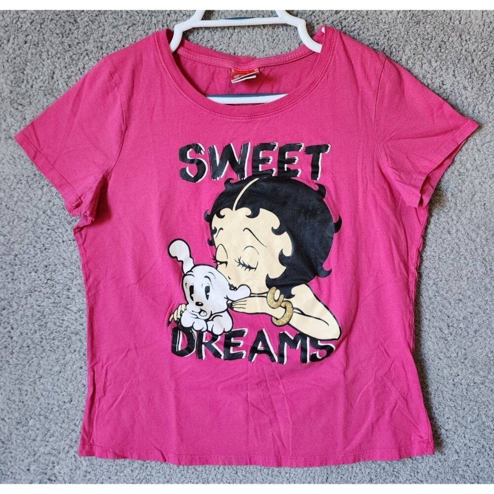 Betty Boop & Pudgy 2014 Women's Short Sleeve T Shirt‎ "Sweet Dreams" Pink Size L